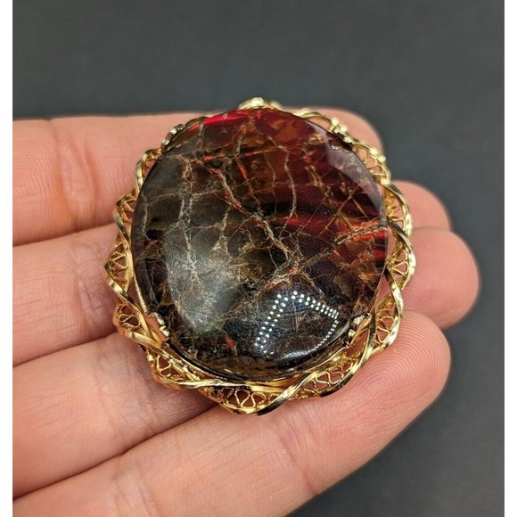 Large Oval Ammolite Triplet Fossil Gemstone Gold Filled GF Brooch Pin Pendant - Picture 6 of 10